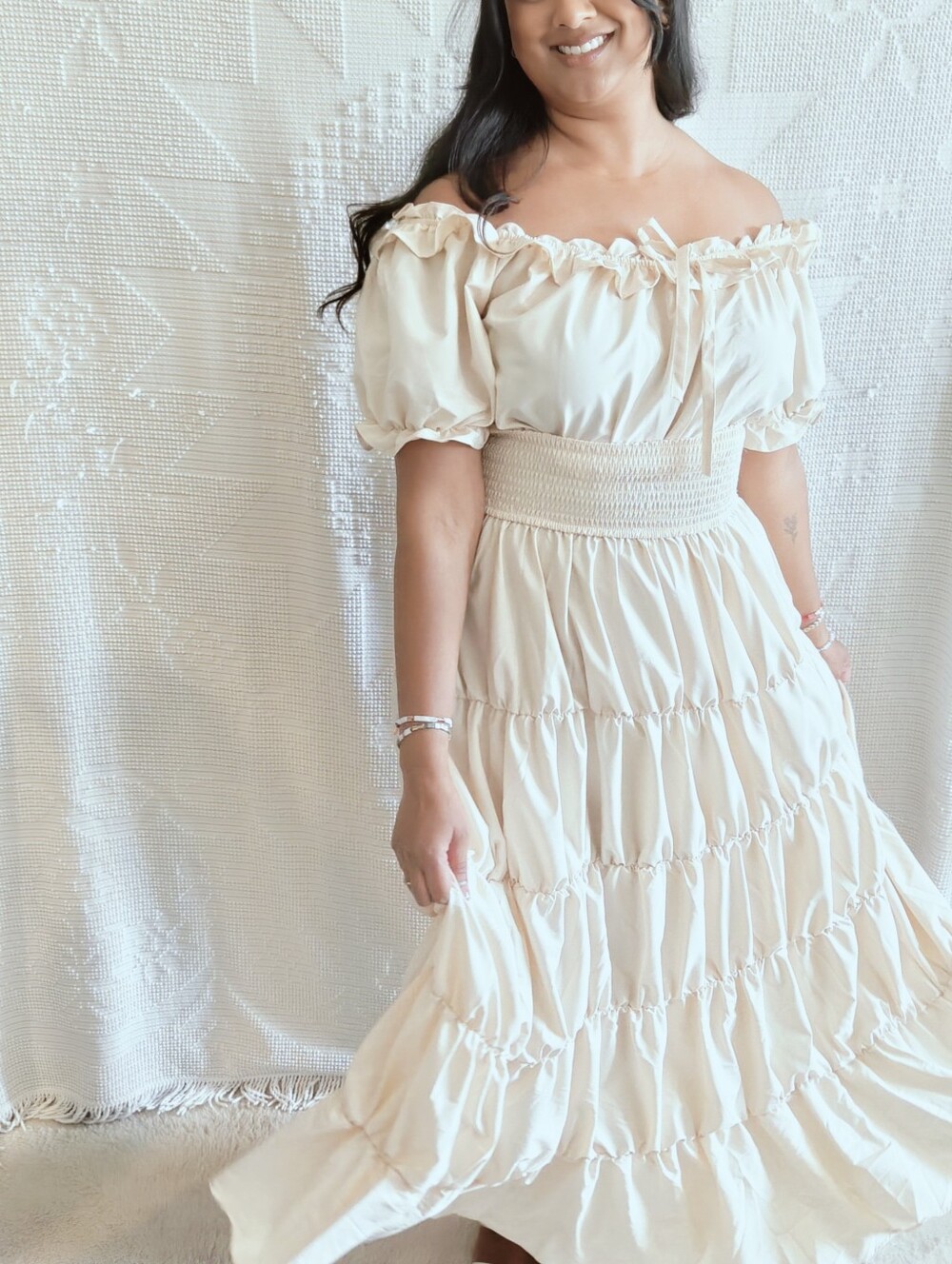 Spooktacular Beige Renaissance Peasant Milkmaid Maxi Dress XL Off Shoulder NWOT